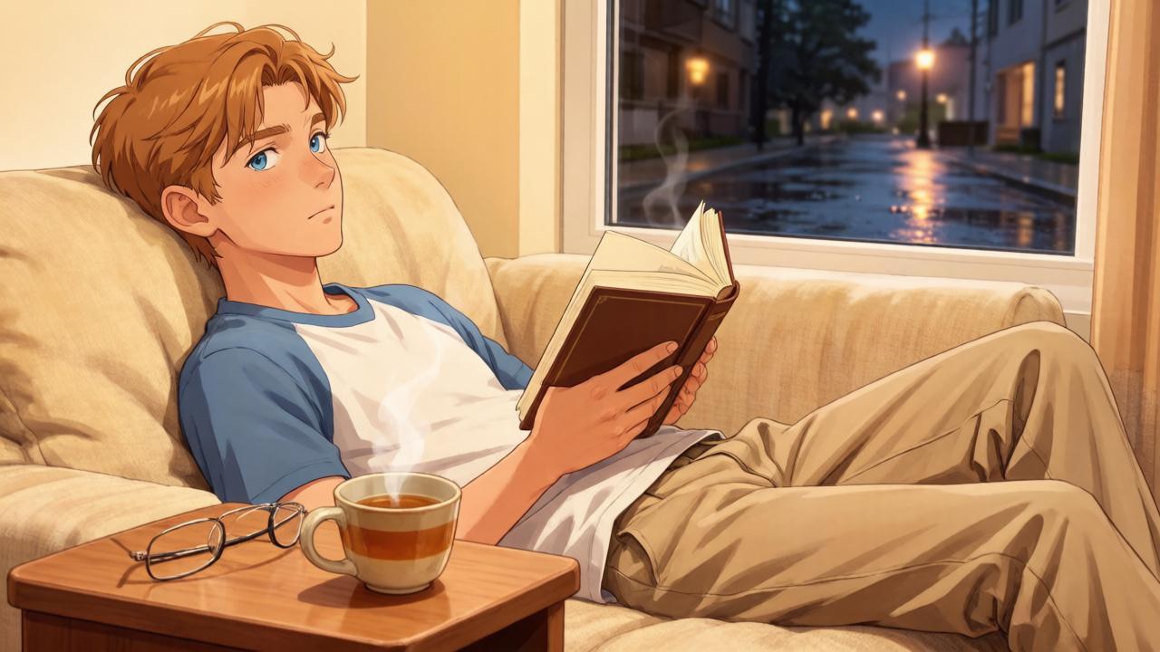 Человек отдыхает на диване с книгой и чашкой чая — иллюстрация к совету дня о лёгком вечере и заботе о себе.